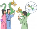画家不慌不忙地说：“画上眼睛，龙就会飞上天了。”