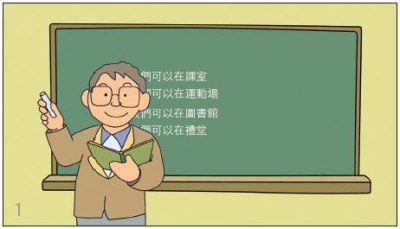 今天上中文课, 老师和学生温习生词｡他把四个未完成的句子写在左边,然后叫学生用学过的词语来完成句子｡