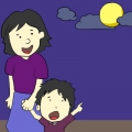 小明说：妈妈，你看，月亮一路跟着我们走！